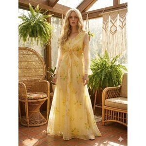 Vintage 70s Yellow Dahlia Floral Flocked Organza Maxi Dress Sheer Hippie Boho M